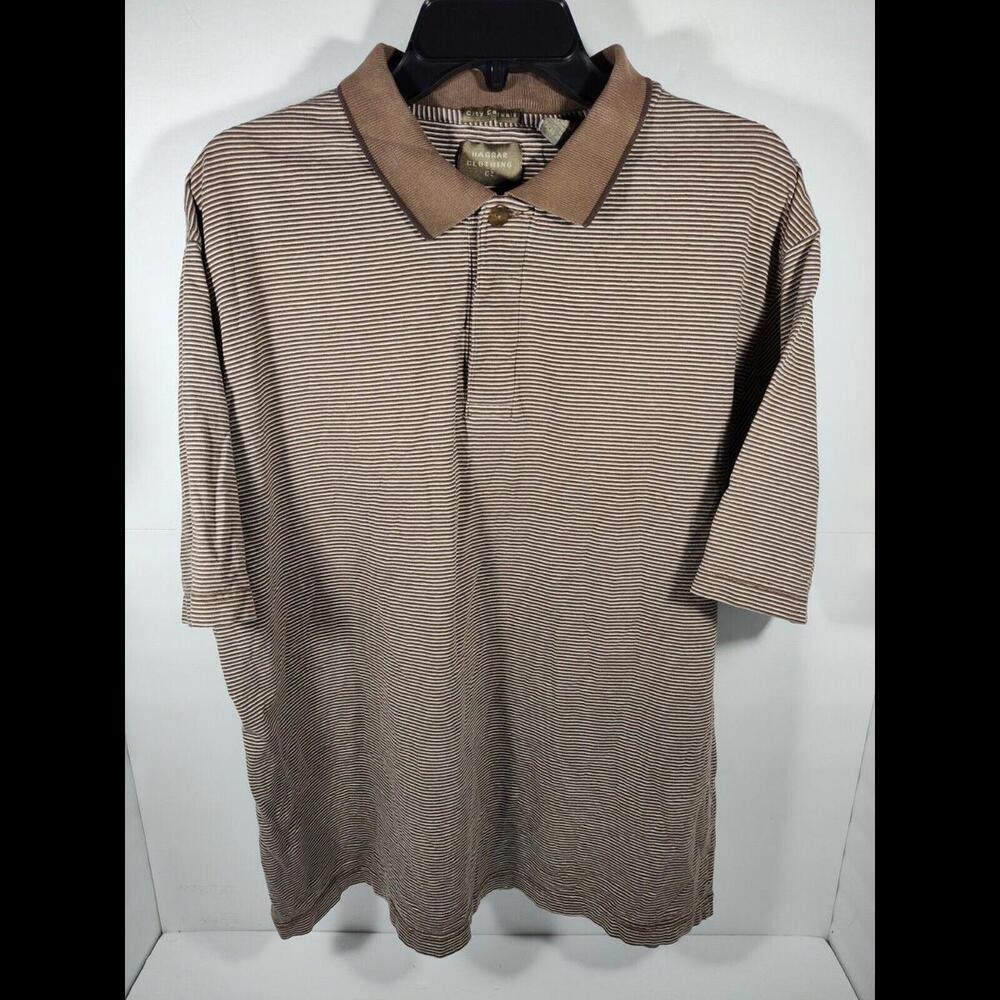 City Casuals by Haggar Men's Size LG Polo Lt Brown Striped Short Sleeve Shirt